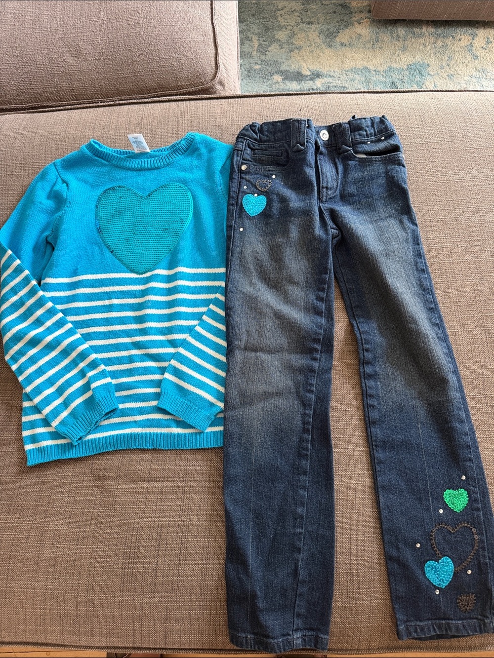Gymboree Turquoise Striped Heart Sweater with Dark Wash Jeans